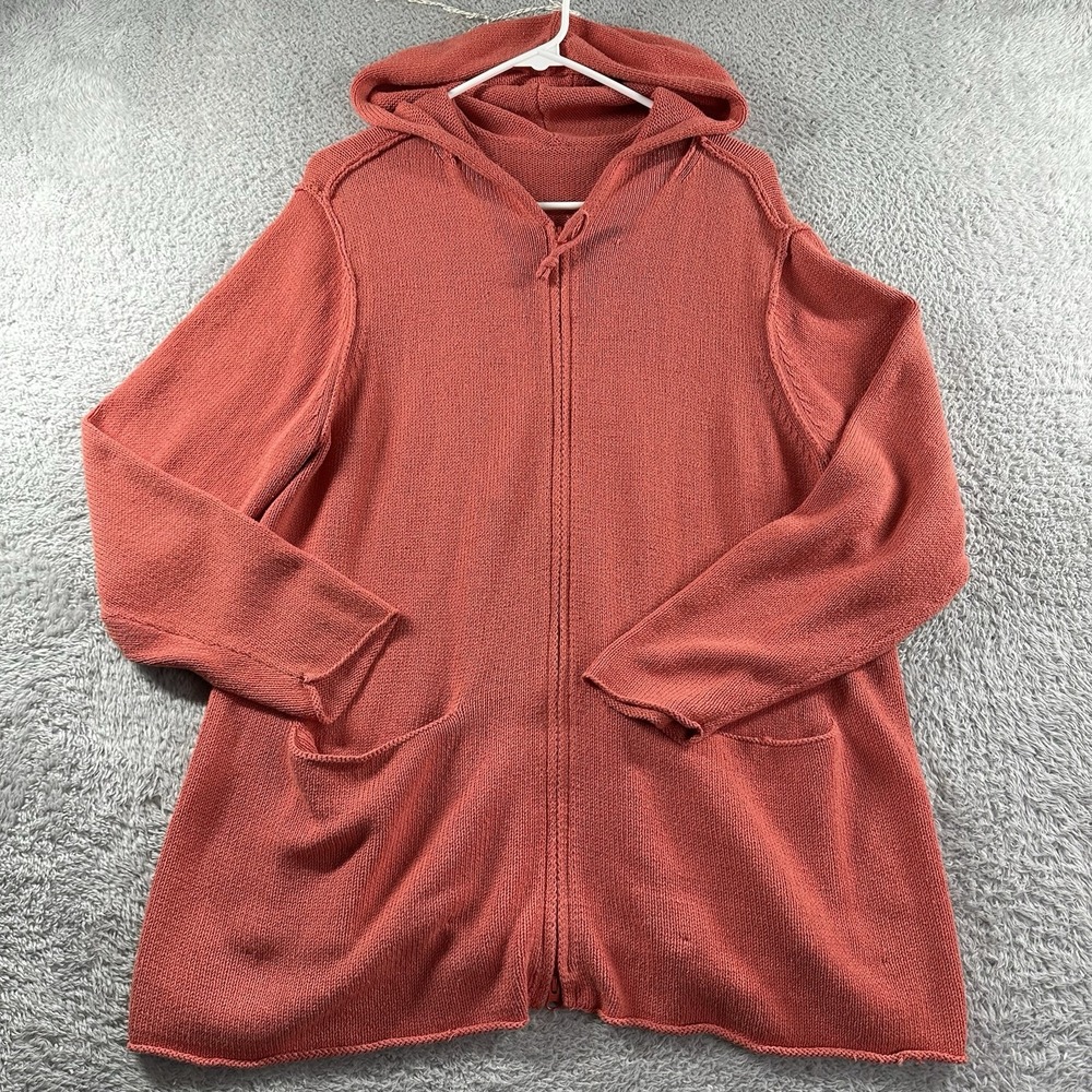 Silk Blend Cardigan Sweater Womens XL Coral Pink Hooded Pockets Lagenlook‎